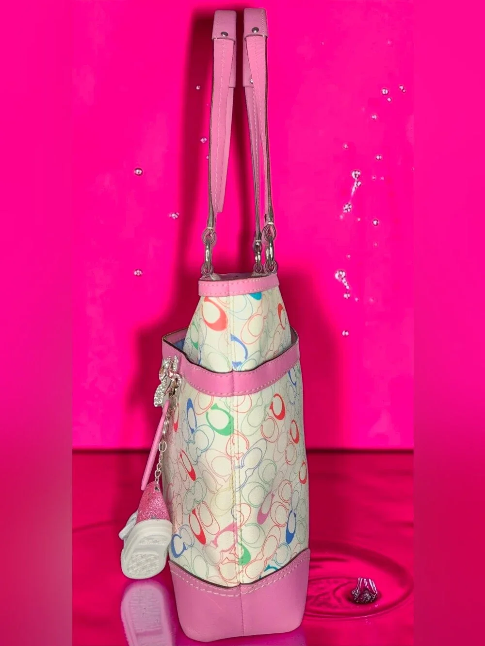 Vintage Y2K Coach Heritage Chelsea Pink Trim Multicolor Signature Tote F16874